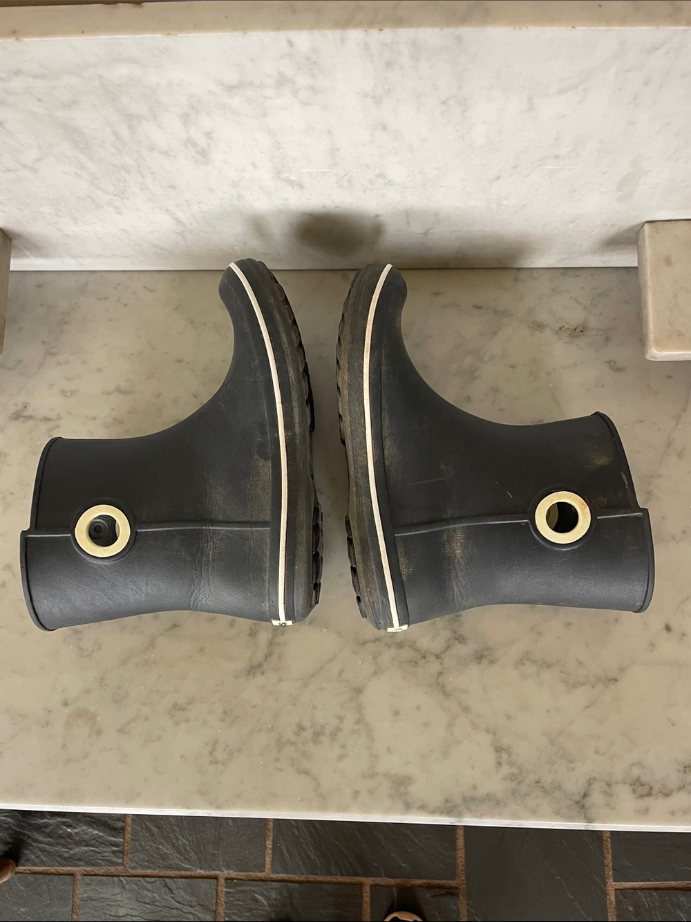 CROCS Black Rain Boots with Cream Trim - Picture 5 of 16